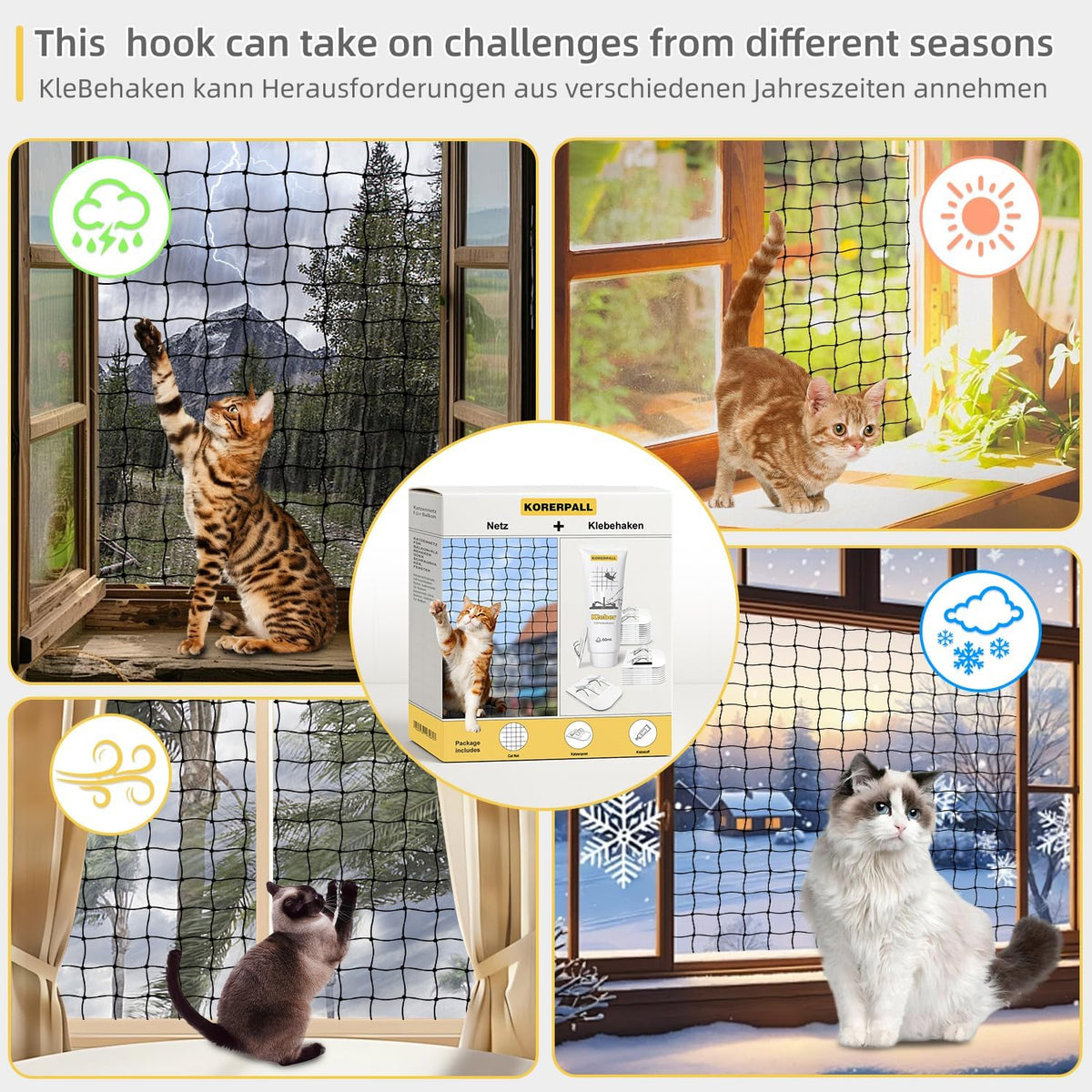 Included installation kit with hooks and adhesive for cat netting