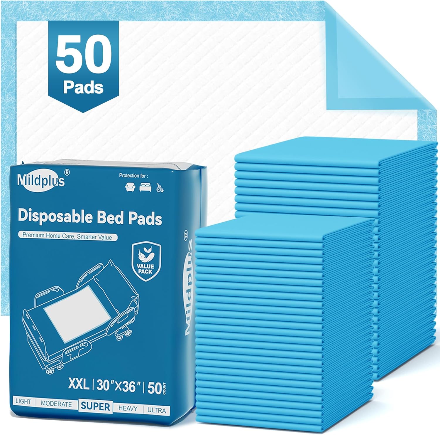 Mildplus 50 Count Disposable Bed Pads front packaging view