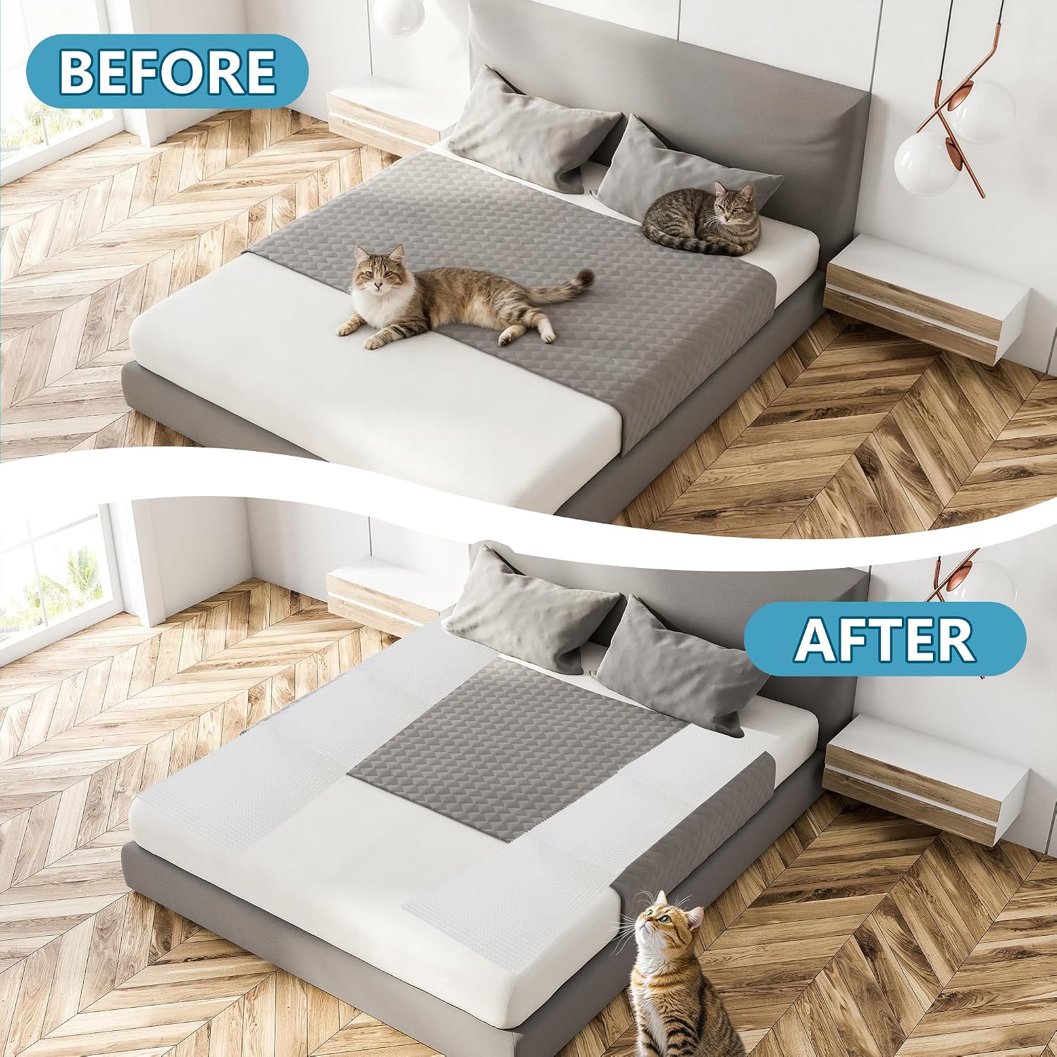 Cat training mat cut to fit around a potted plant