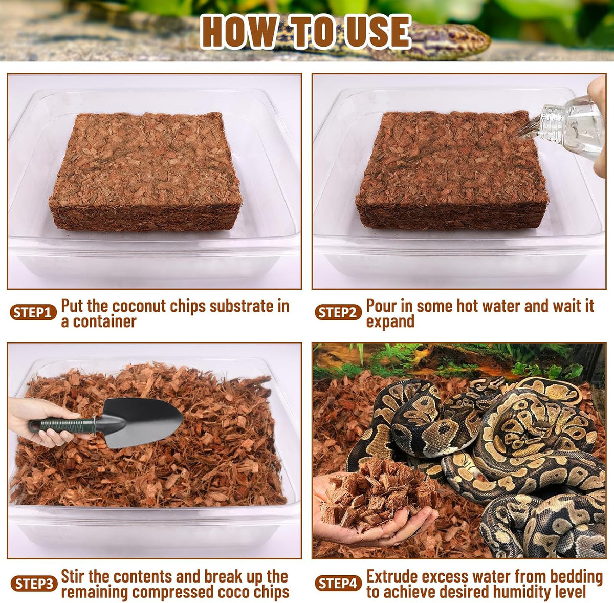 Natural coconut fiber substrate texture for humidity control in pet habitats.
