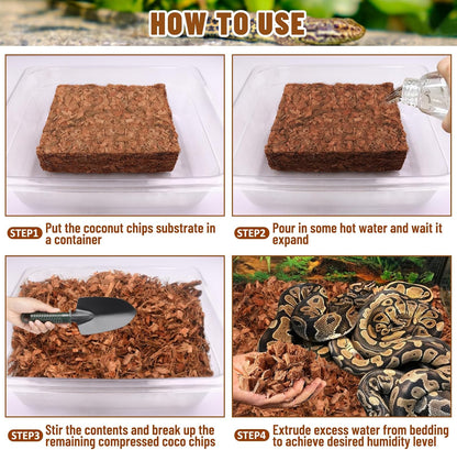Natural coconut fiber substrate texture for humidity control in pet habitats.