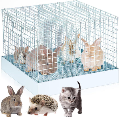 DoubleFill 2 Hole Foldable Rabbit Transport Cage, 18 x 18 x 14 in Portable Metal Bunny Carrier with Tray & Handles for Travel Temporary, Small Animal Cage for Guinea Pigs Hamster Indoor Outdoor - Image 1