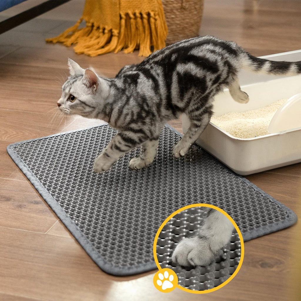 Mat placed neatly on hardwood flooring outside a litter box.