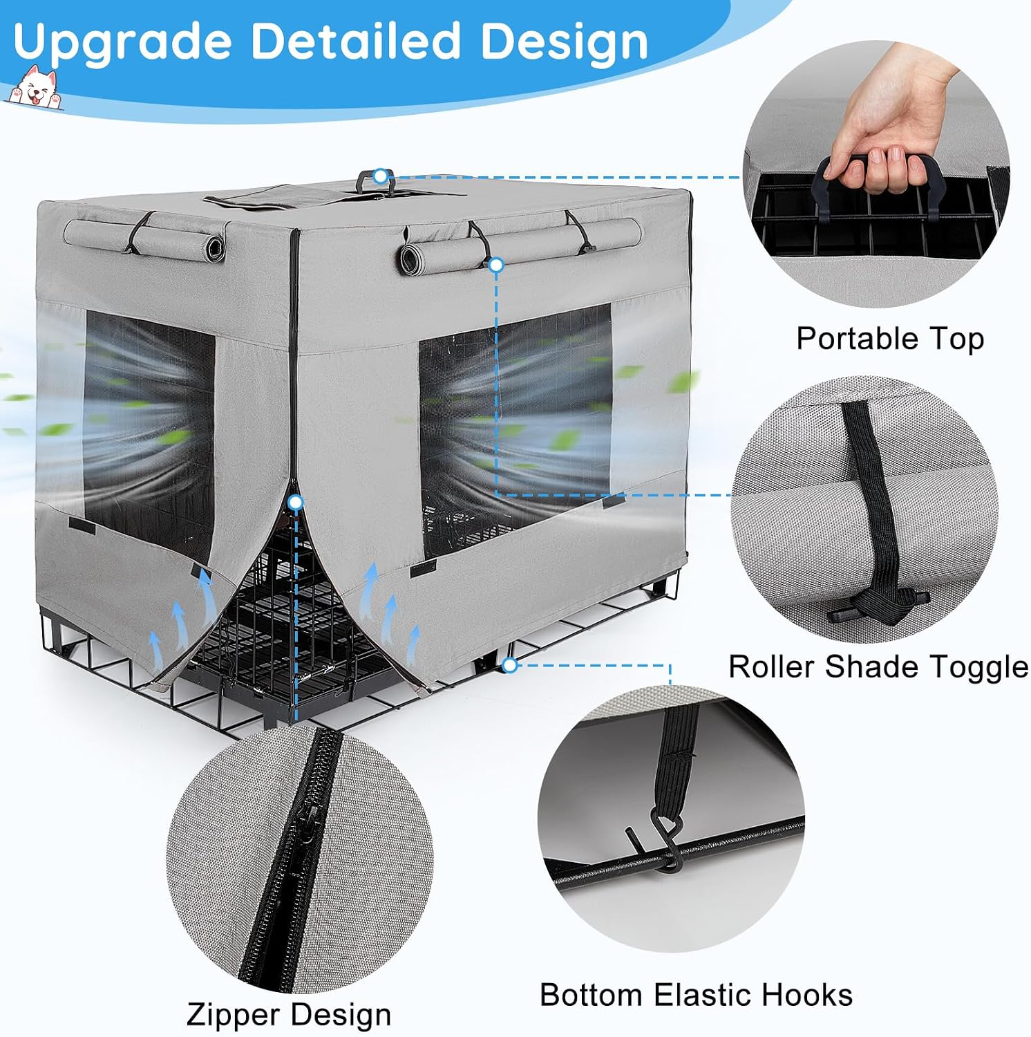 Windproof dog cage cover showing the top handle opening and magic sticker closure.