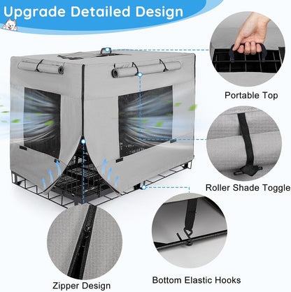 Windproof dog cage cover showing the top handle opening and magic sticker closure.