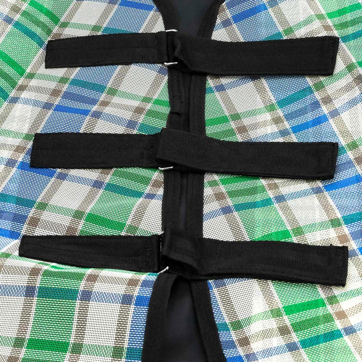 Tan blue and green colored Jeffers horse fly sheet with neck piece attached