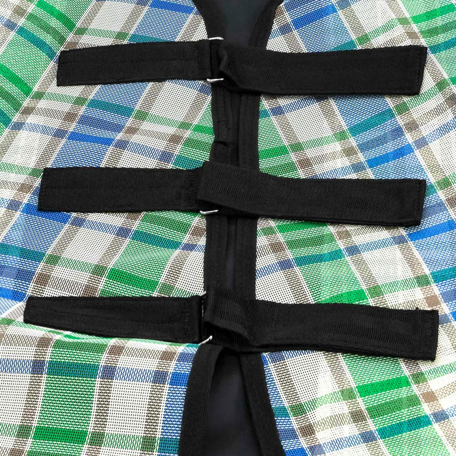 Tan blue and green colored Jeffers horse fly sheet with neck piece attached