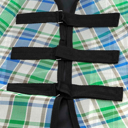 Tan blue and green colored Jeffers horse fly sheet with neck piece attached