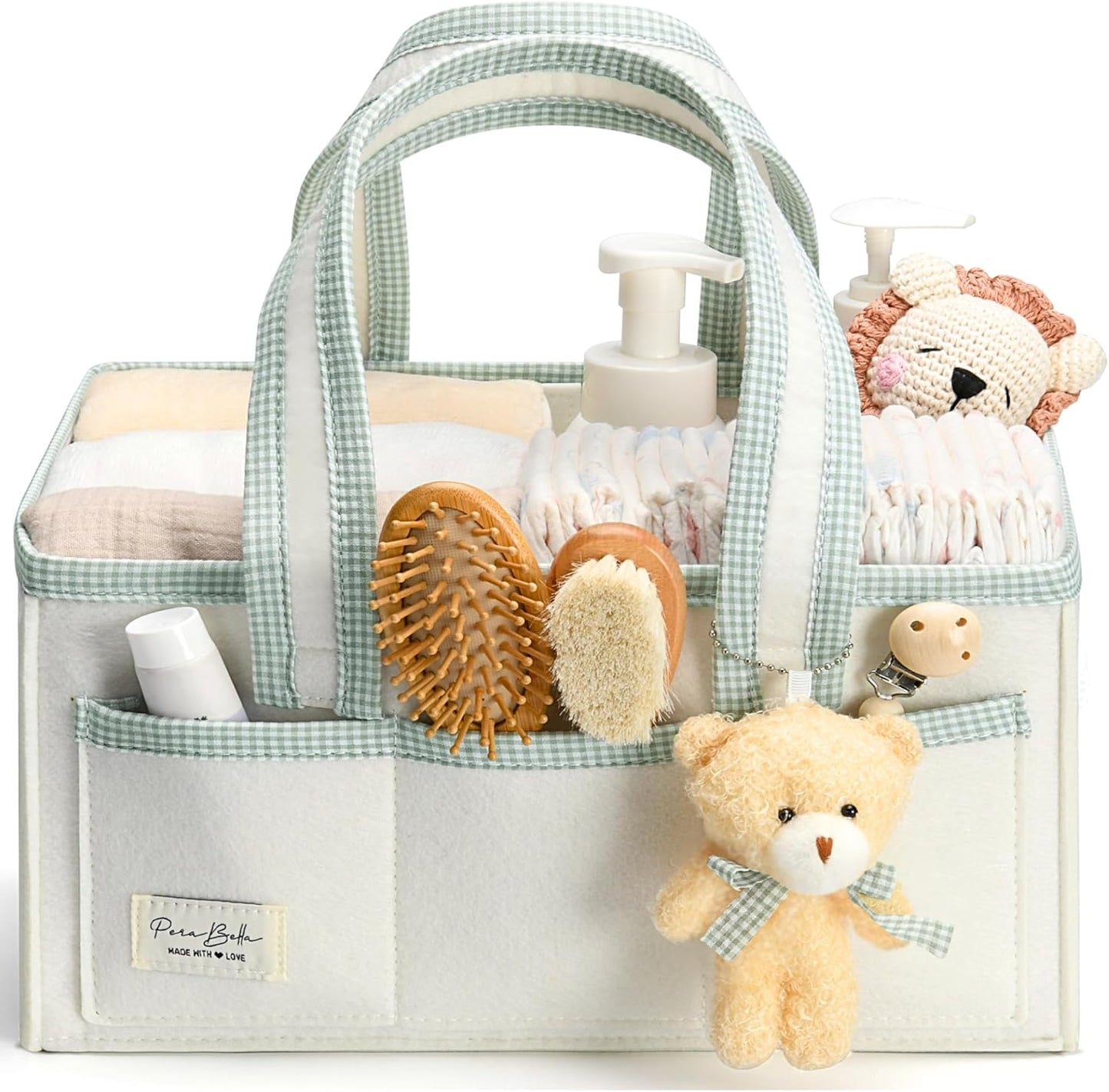 PeraBella diaper caddy organizer front view with plush teddy bear