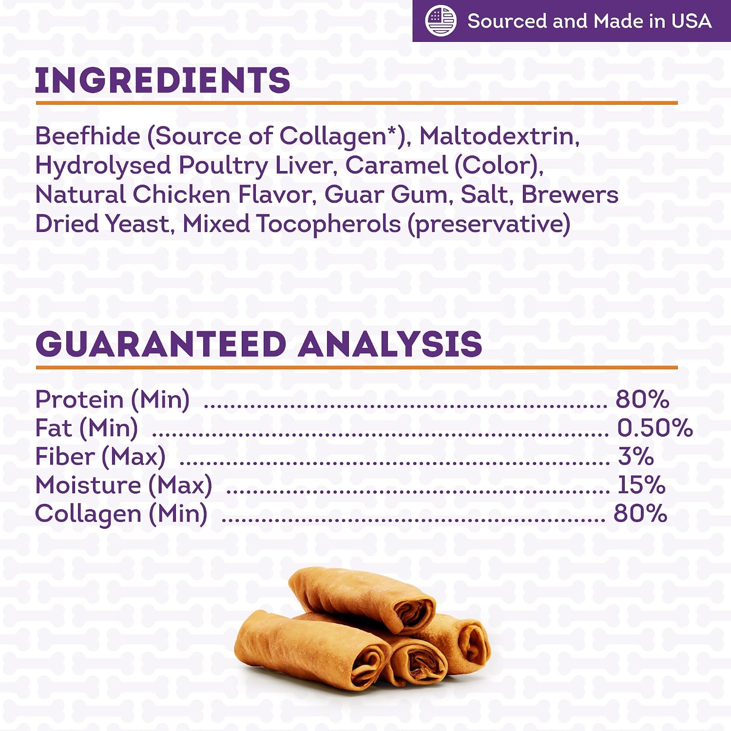 Authentic American imported digestible dog chew treats close up