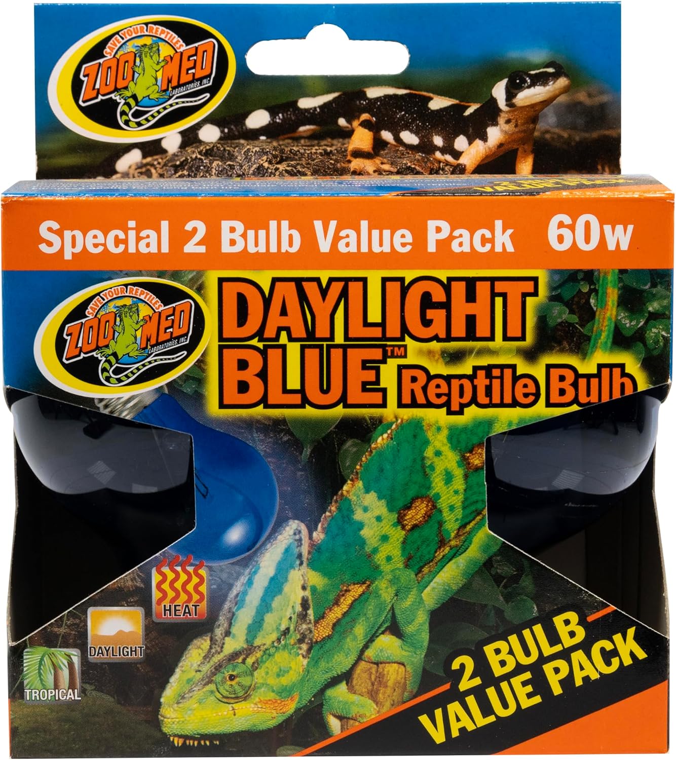 Zoo Med Daylight Blue Reptile Bulb front view of the two pack packaging.