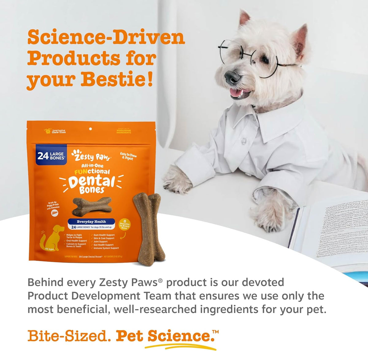 Detailed label of Zesty Paws dental bones for tartar control