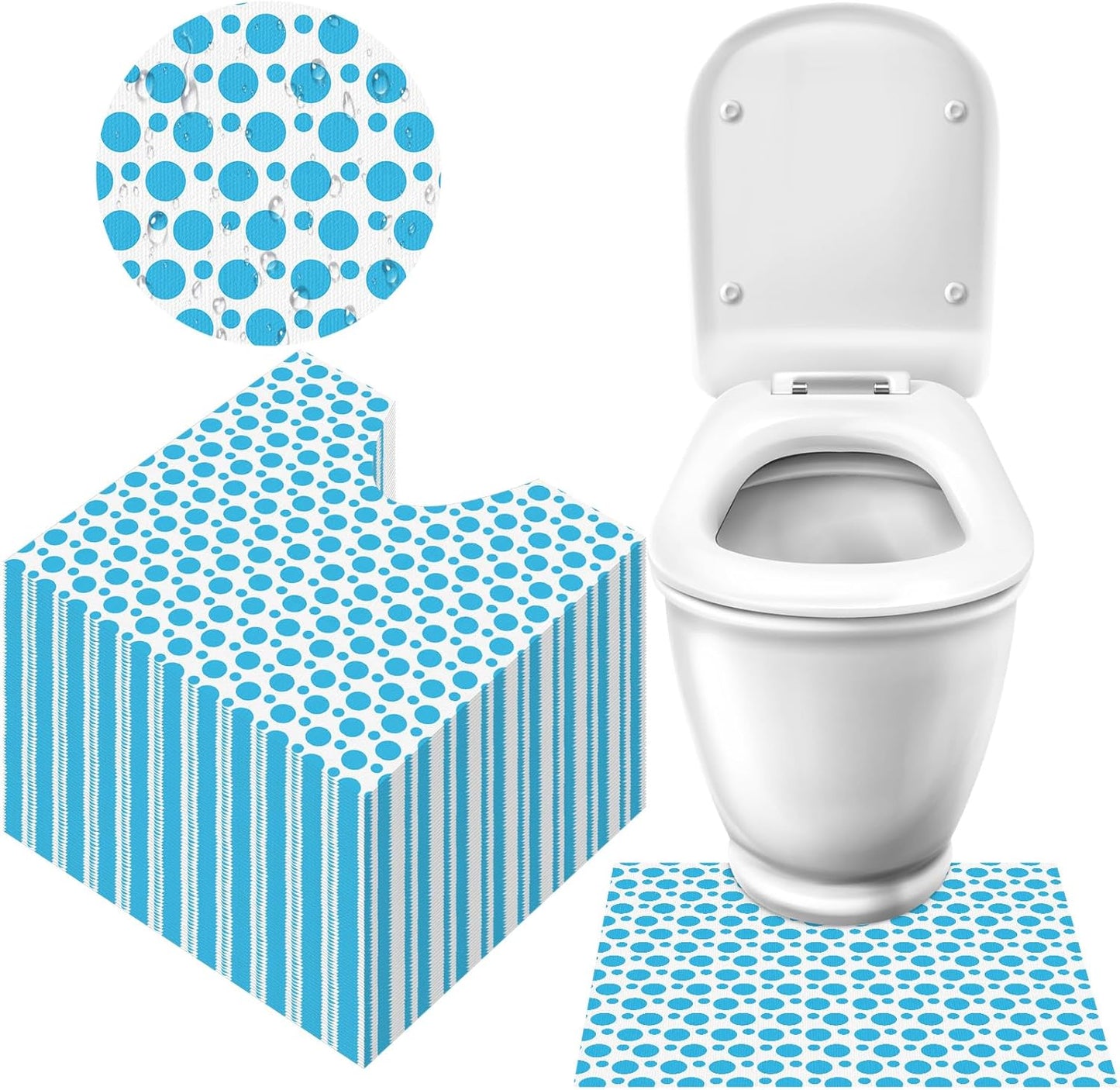 Drydiet disposable toilet mats front view showing white fabric with blue dot design placed around a commode.