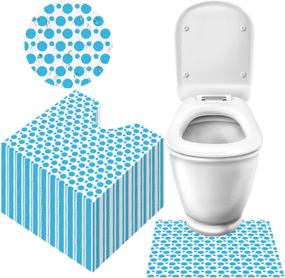Drydiet disposable toilet mats front view showing white fabric with blue dot design placed around a commode.