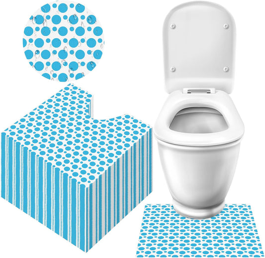Drydiet disposable toilet mats front view showing white fabric with blue dot design placed around a commode.