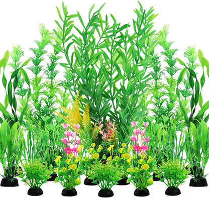 QUOZUO twenty piece artificial fish tank plants set showcasing realistic green aquarium decorations front view.