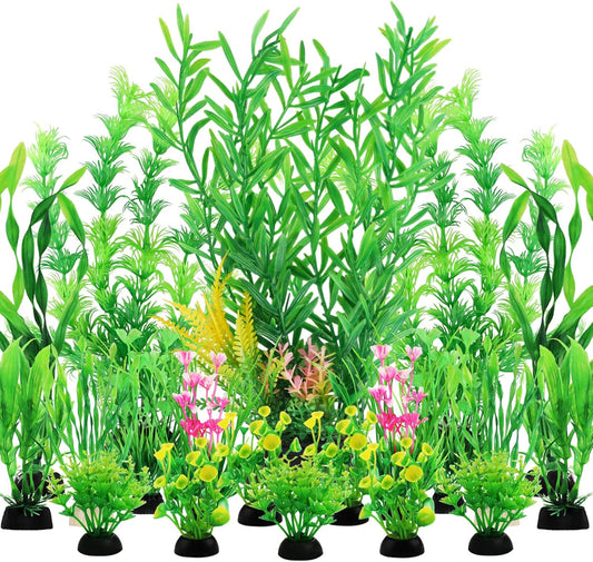QUOZUO twenty piece artificial fish tank plants set showcasing realistic green aquarium decorations front view.