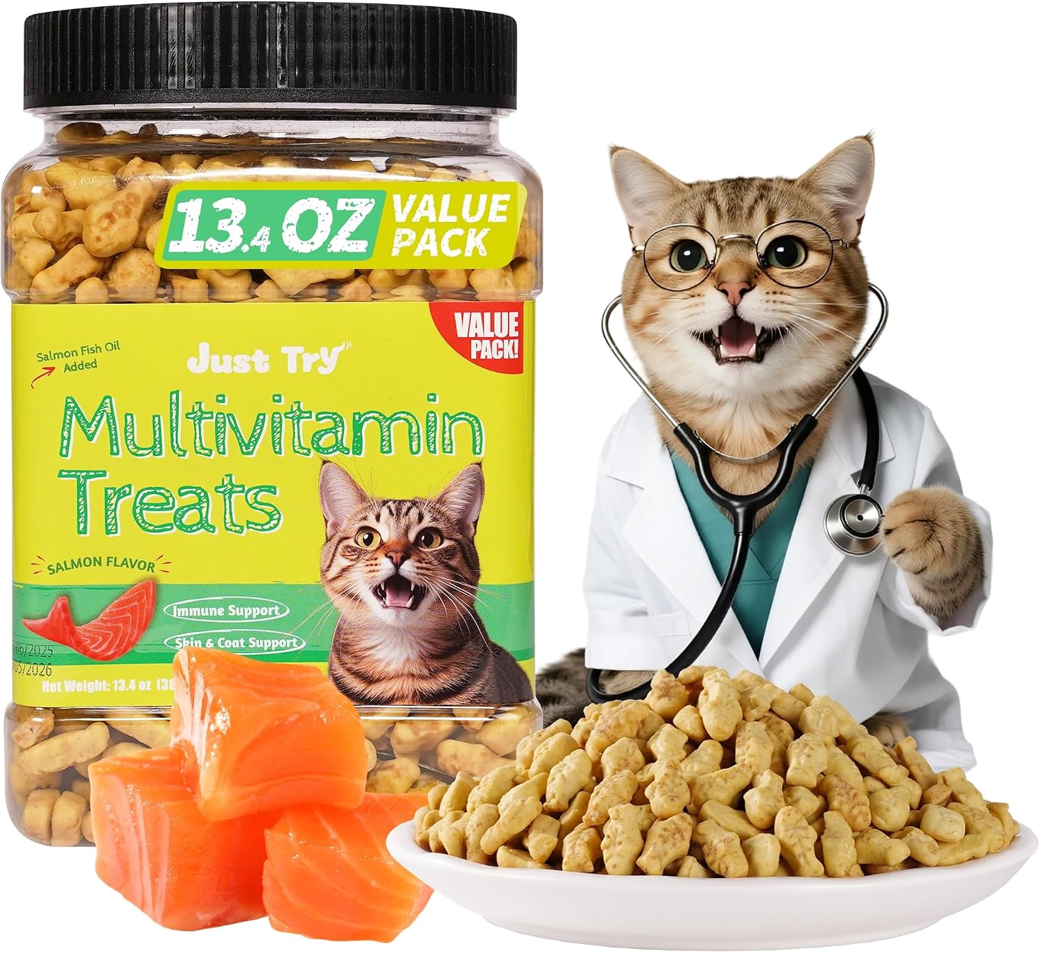 Just Try 13.4 OZ Crunchy Cat Treats Catnip Treats for Cats with Digestive Support, Natural Ingredients Kitten Treats with Real Salmon, Healthy Feline Snacks Training Biscuits Dental Care - Image 10