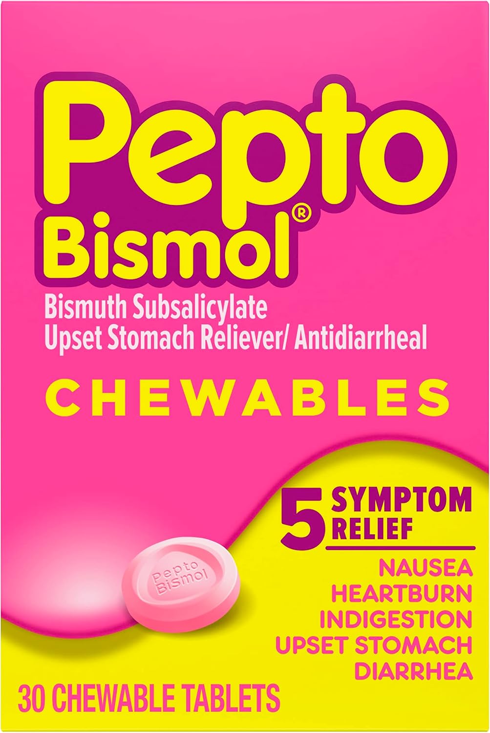 Pepto Bismol Chewable Tablets, Upset Stomach Relief, Nausea Relief, Heartburn Relief, Indigestion Relief, Anti Diarrhea Medication for Adults - 5 Symptom Relief, 90 Chewable Tablets (3x30 ct) - Image 13