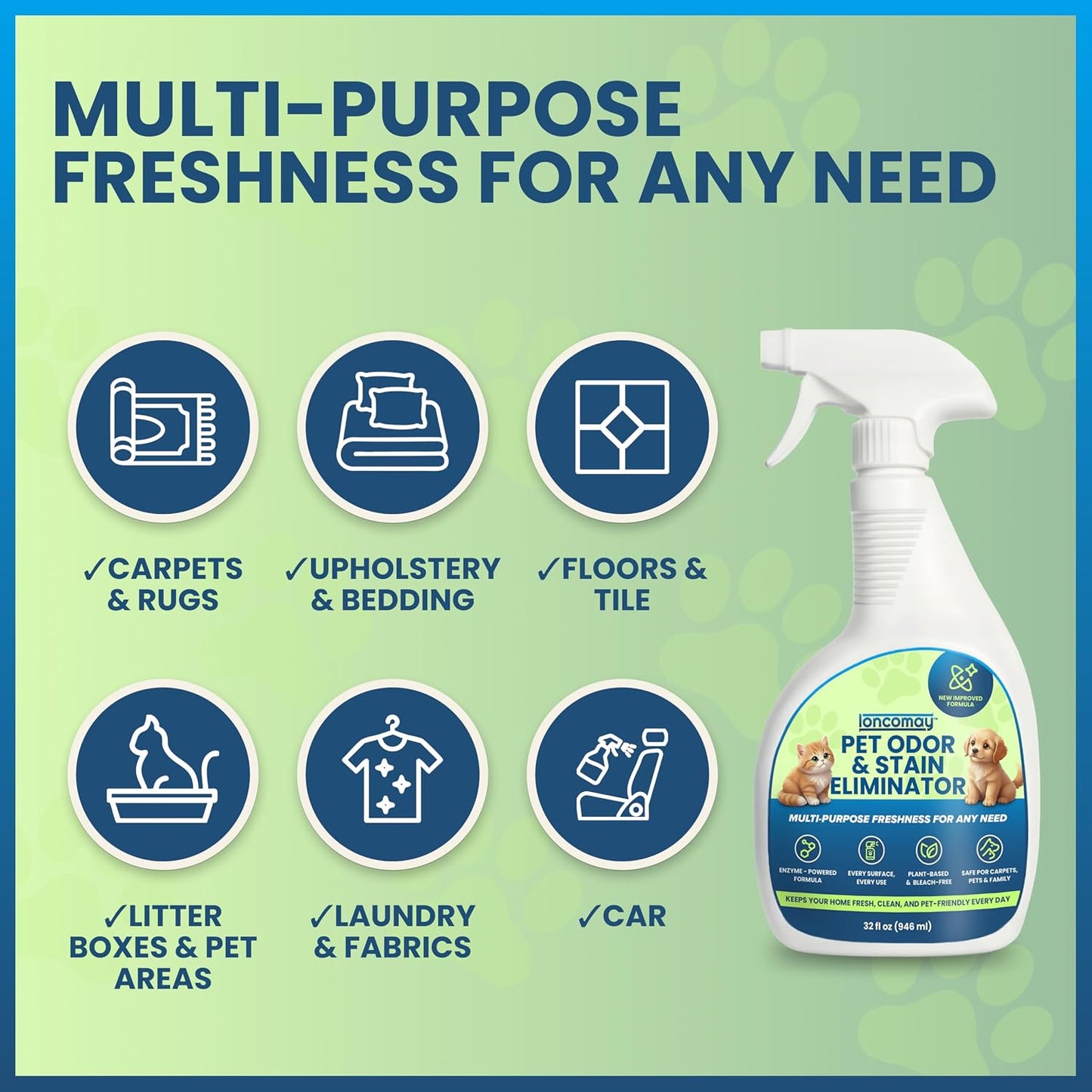 Plant-based bleach-free pet urine remover bottle close up detail