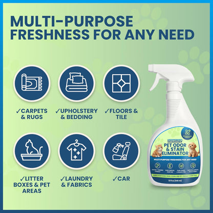 Plant based pet carpet stain remover formula by Loncomay showing four fluid ounce travel spray