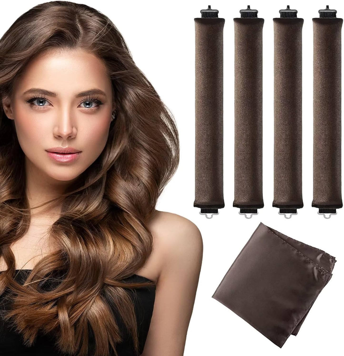 Posicurly heatless curls overnight hair curler set front view showcasing four brown velvet rods and a satin scarf