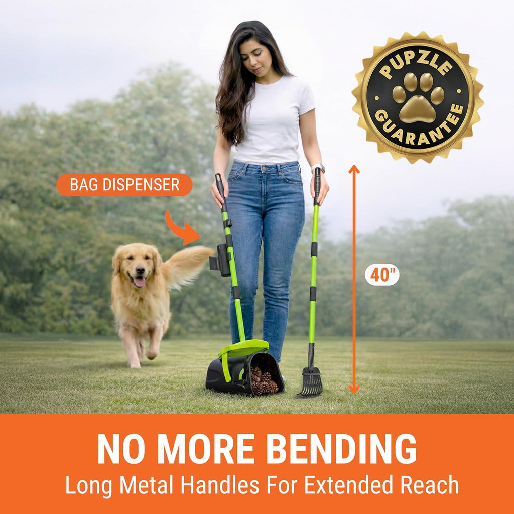 Pupzle heavy duty pet waste rake and bin set for backyard cleanup