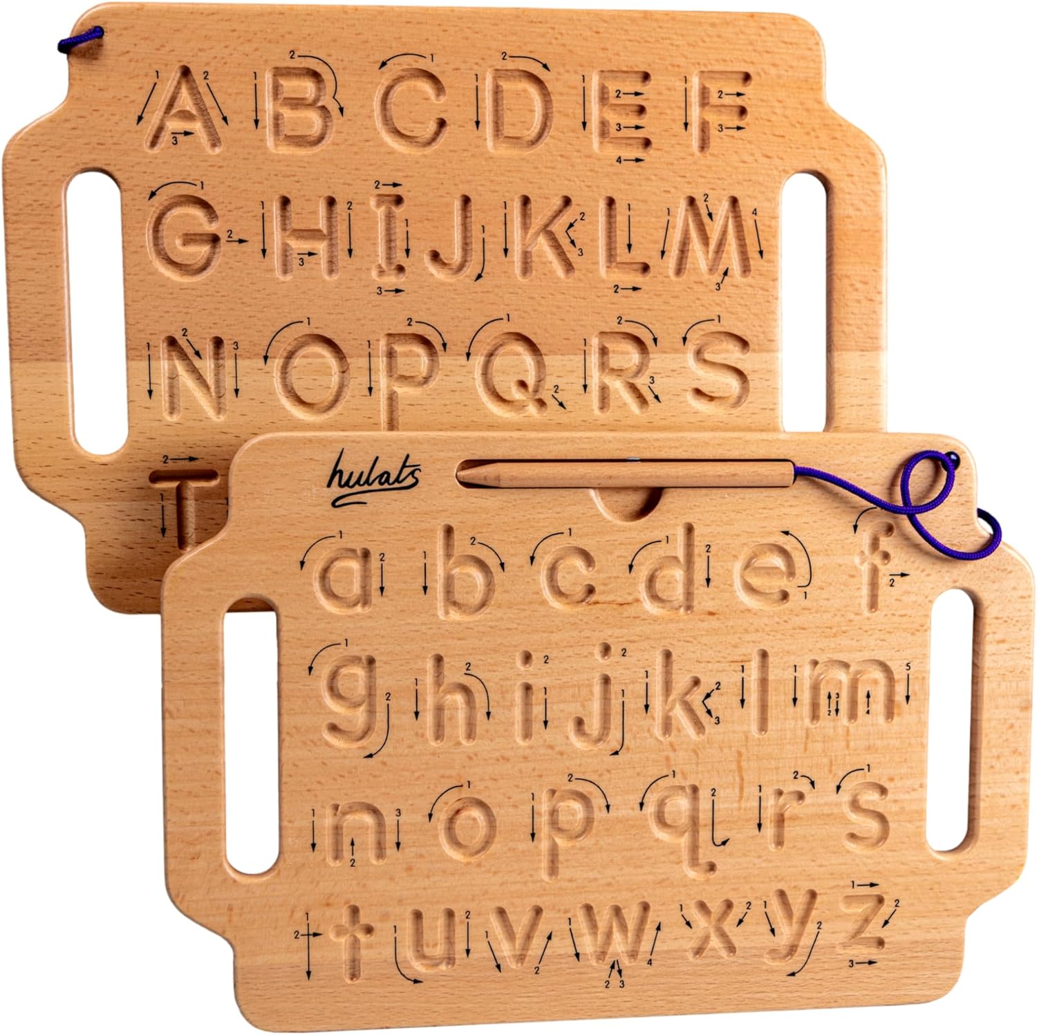 Hulats portable wooden alphabet tracing board front view showcasing uppercase letters