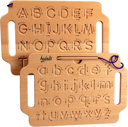 Hulats portable wooden alphabet tracing board front view showcasing uppercase letters