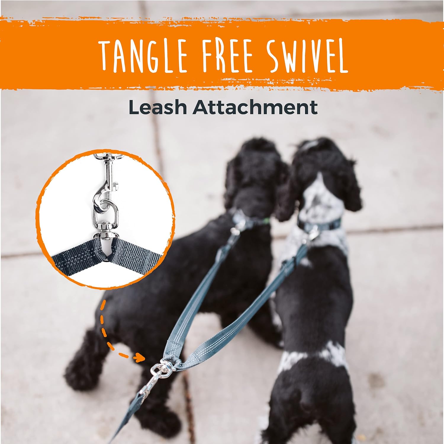 Double dog leash adapter demonstrating three hundred sixty degree rotational swivel ring.