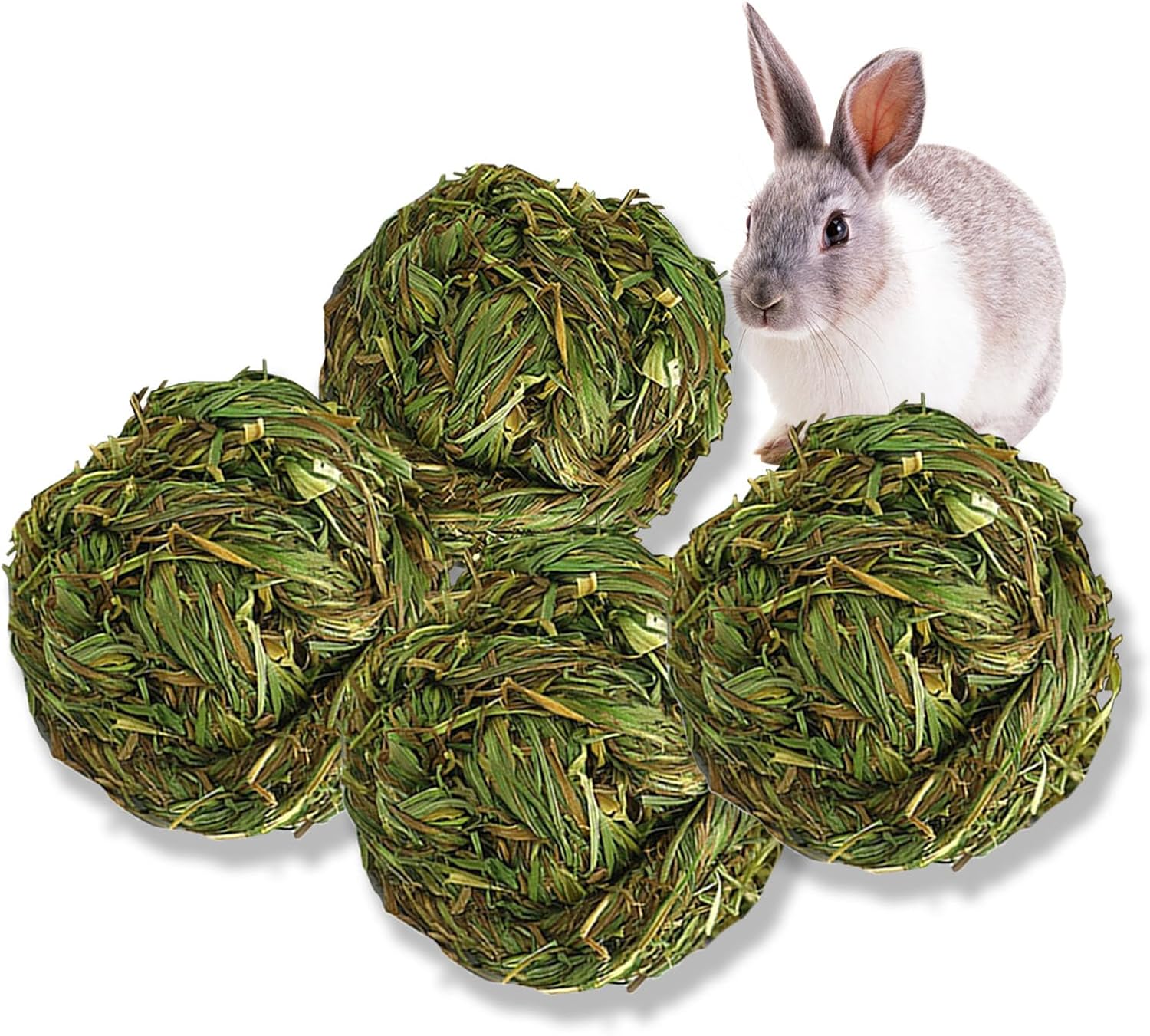 PINVNBY hay balls for rabbits front view of four natural timothy grass chew toys