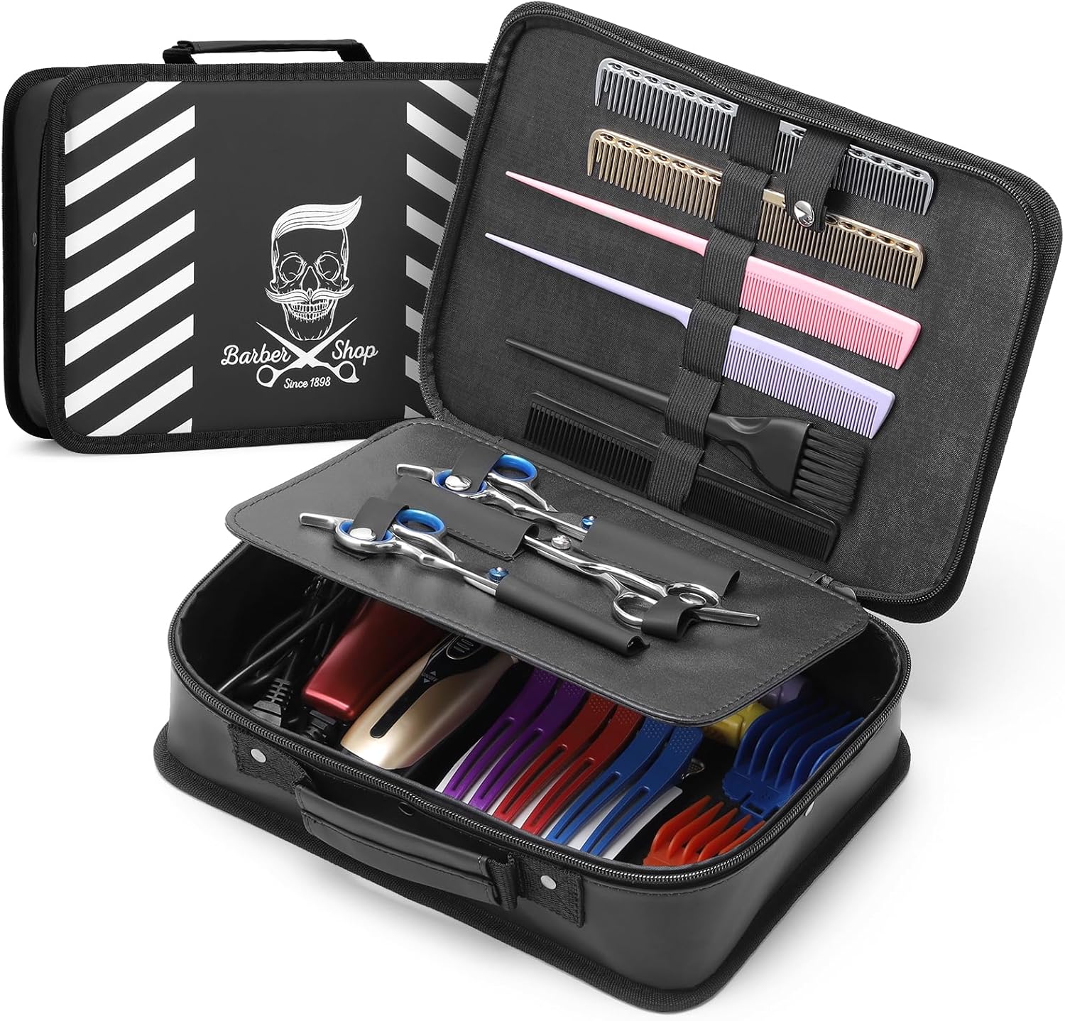 Segbeauty barber carrying case front view showing black leather exterior with skull graphic design.