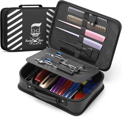 Segbeauty barber carrying case front view showing black leather exterior with skull graphic design.