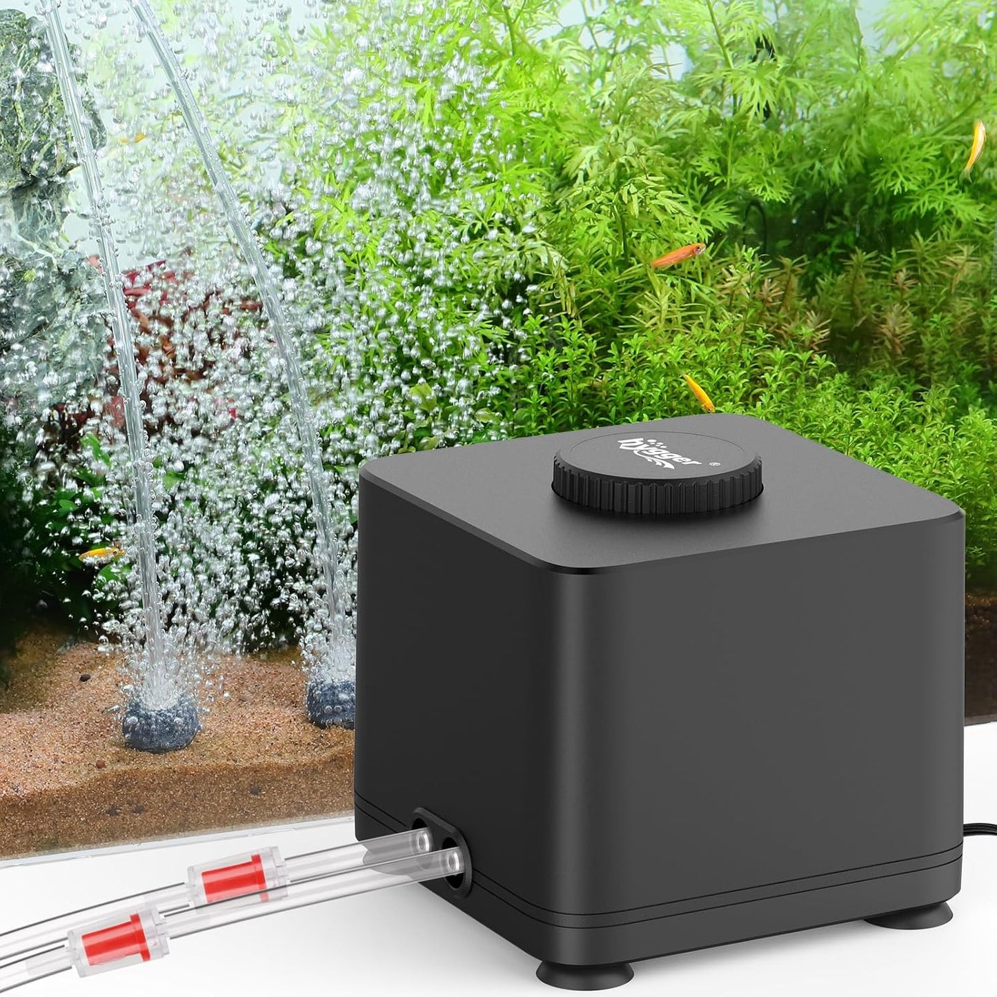 Hygger aquarium air pump front view with dual outlets