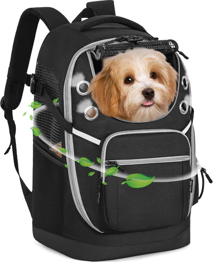 OUUTMEE pet dog carrier backpack in black showing front view for hands free pet travel