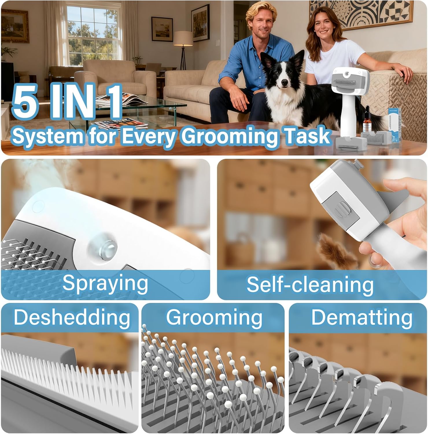 Three swap-in brush heads detached from the main body demonstrating the grooming, dematting, and deshedding options.