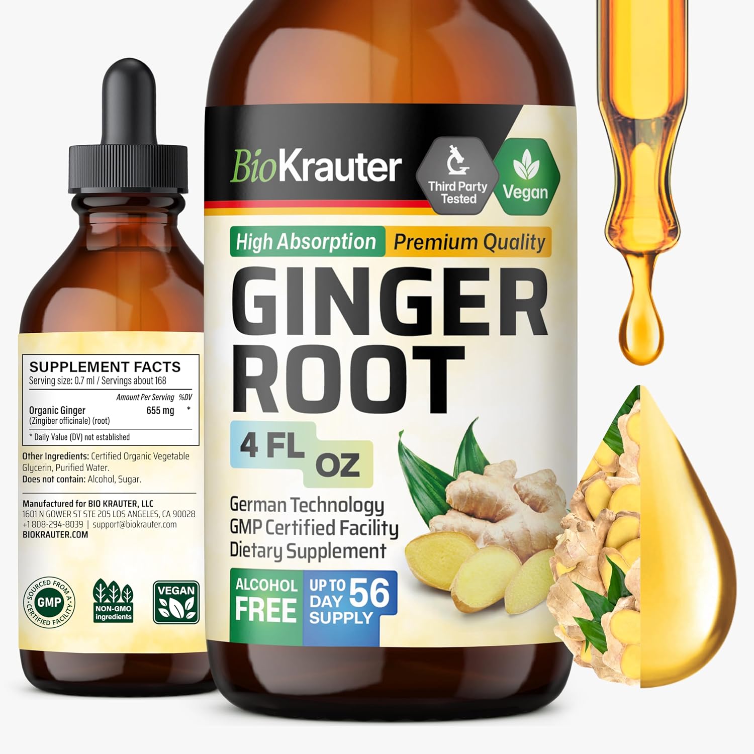 BIO KRAUTER Ginger Root Liquid Extract front view showing four fluid ounce bottle packaging for digestive wellness