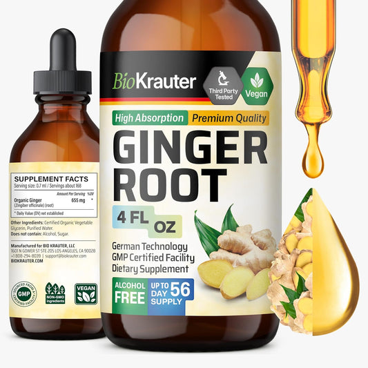 BIO KRAUTER Ginger Root Liquid Extract front view showing four fluid ounce bottle packaging for digestive wellness