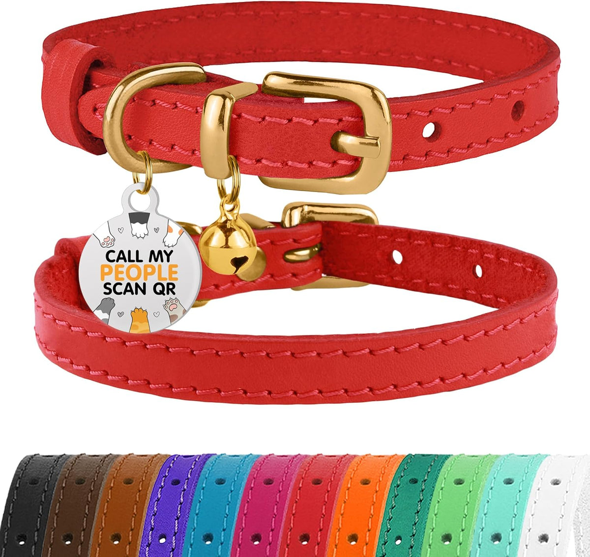BRONZEDOG Leather Cat Collar with Removable Bells Non Breakaway Kitten QR Tag for Girl Boy (7" - 9" for Cats, Black & Gold) - Image 14