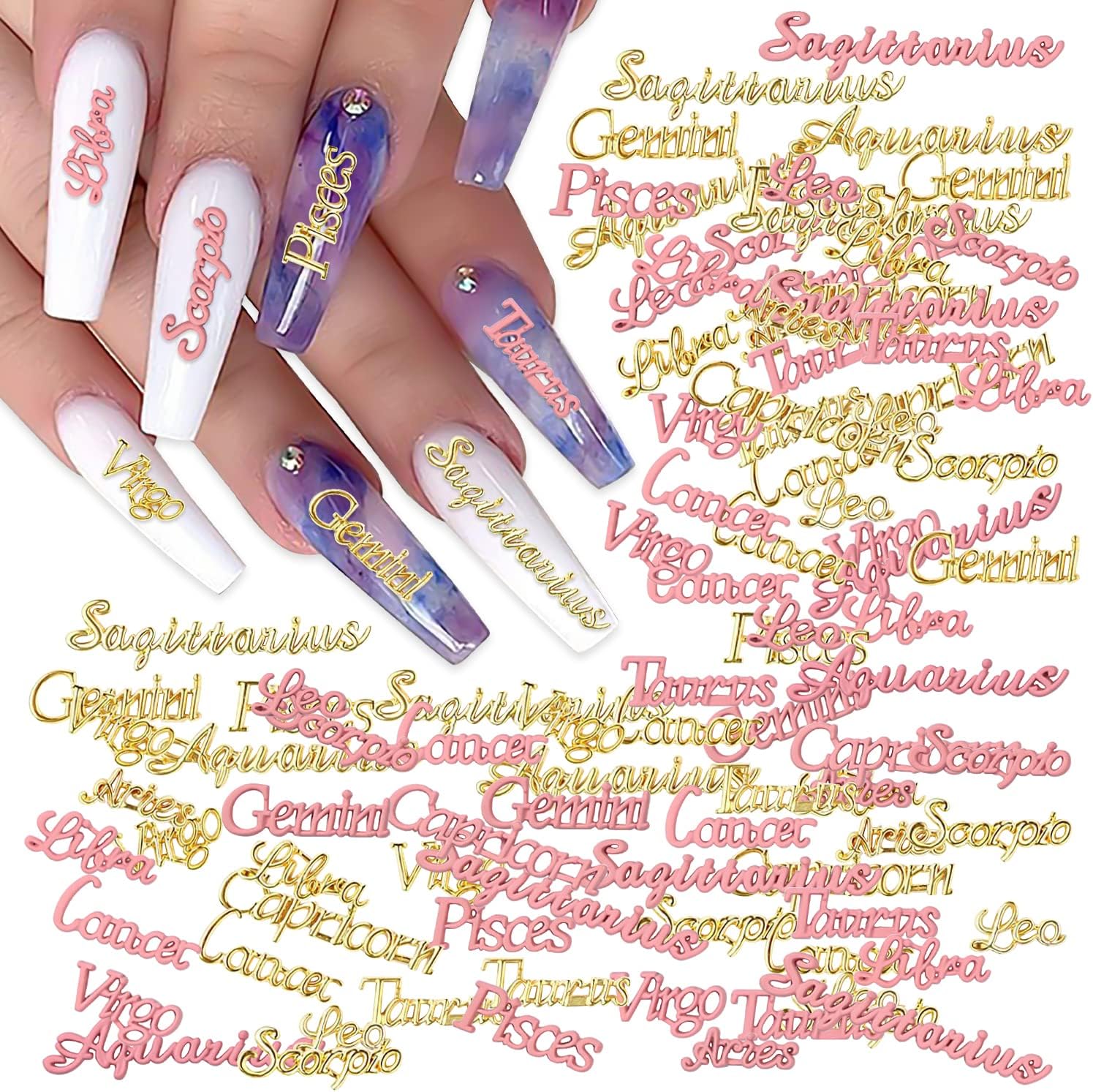 Xeaohesy zodiac word nail charms front view showcasing gold and pink constellation studs.