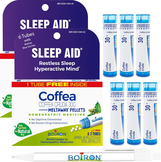 Boiron Coffea Cruda 30C homeopathic sleep aid six blue tubes pack front view