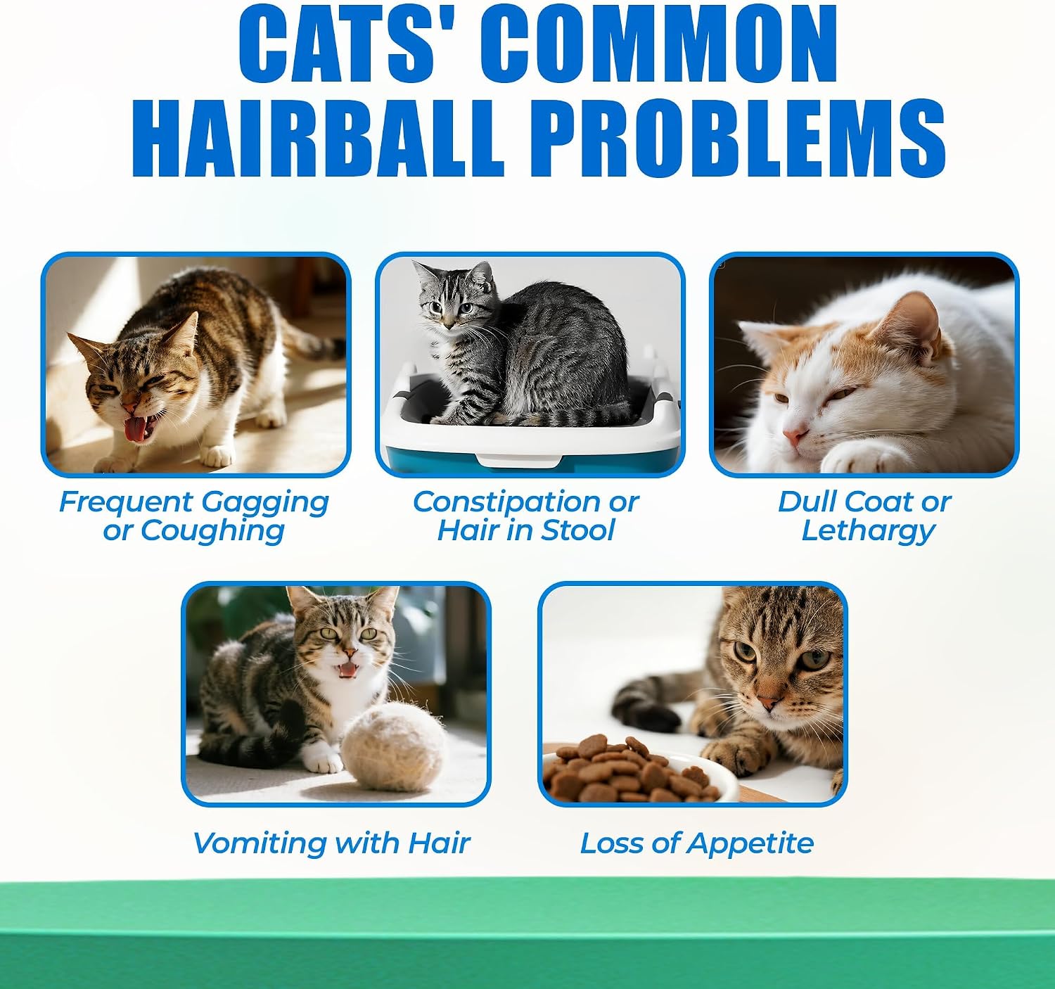 Just Try three hundred bites hairball relief for cats product packaging with cat grass ingredient highlight
