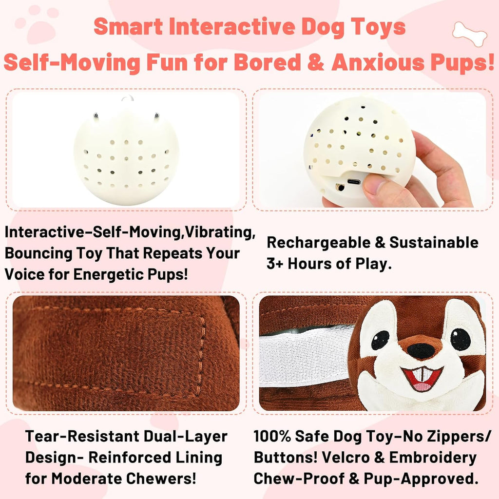 Close up of plush squirrel toy with automatic bounce feature