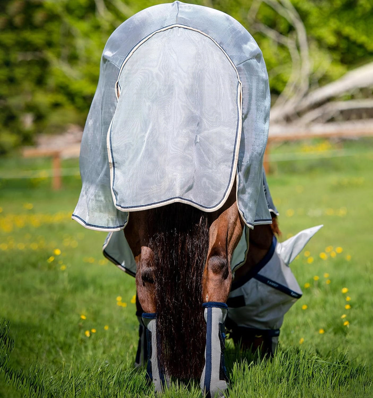 Horseware Rambo Protector Fly Sheet side view displaying the deep side panels and silver mesh.