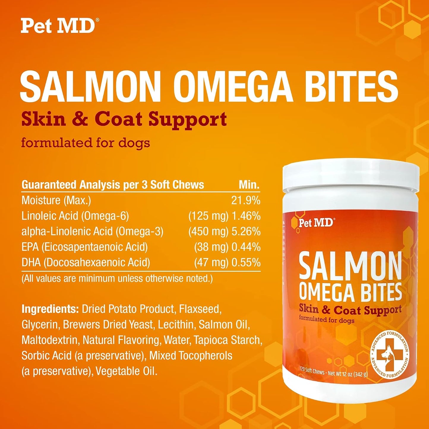 USA imported Pet MD salmon oil chews nutritional information side view