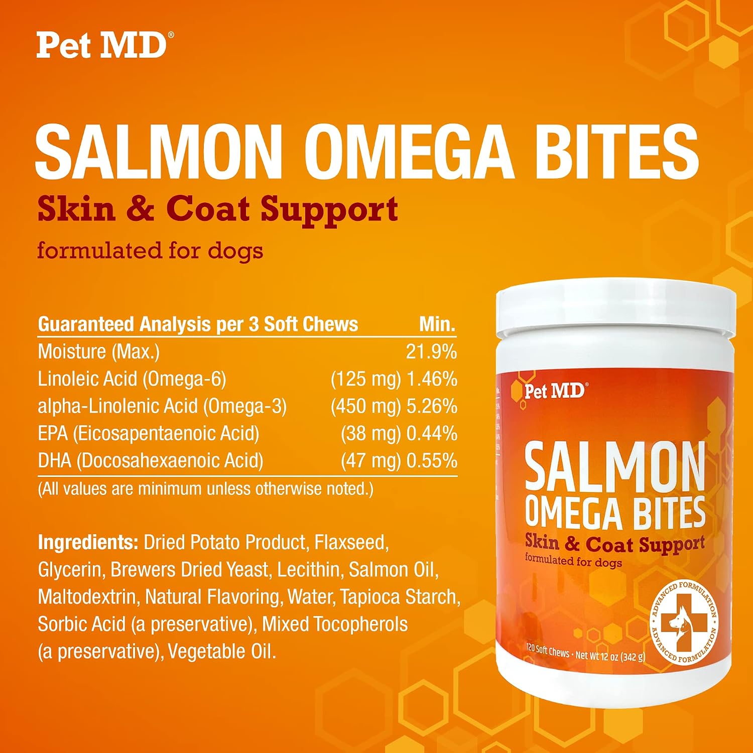 USA imported Pet MD salmon oil chews nutritional information side view
