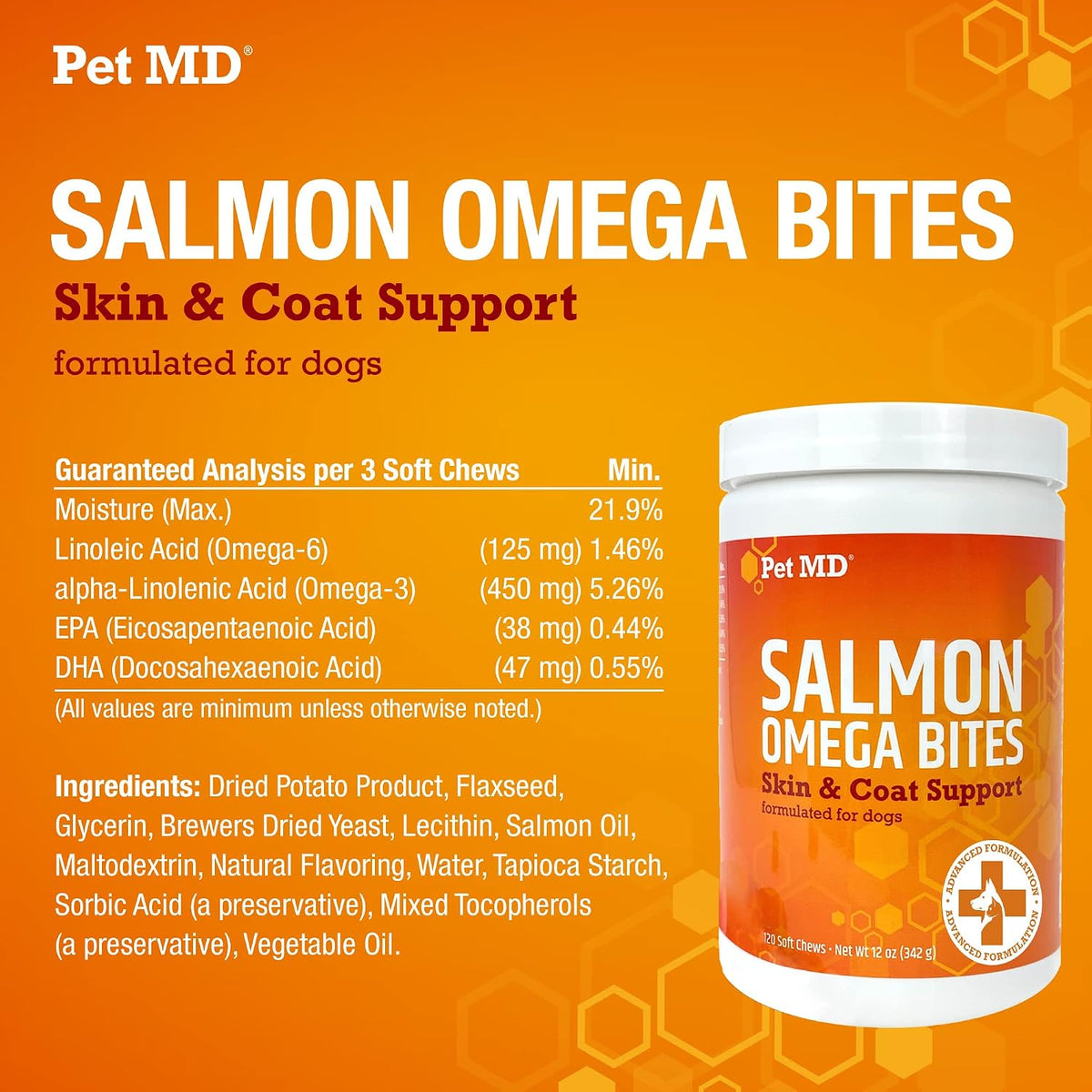 USA imported Pet MD salmon oil chews nutritional information side view