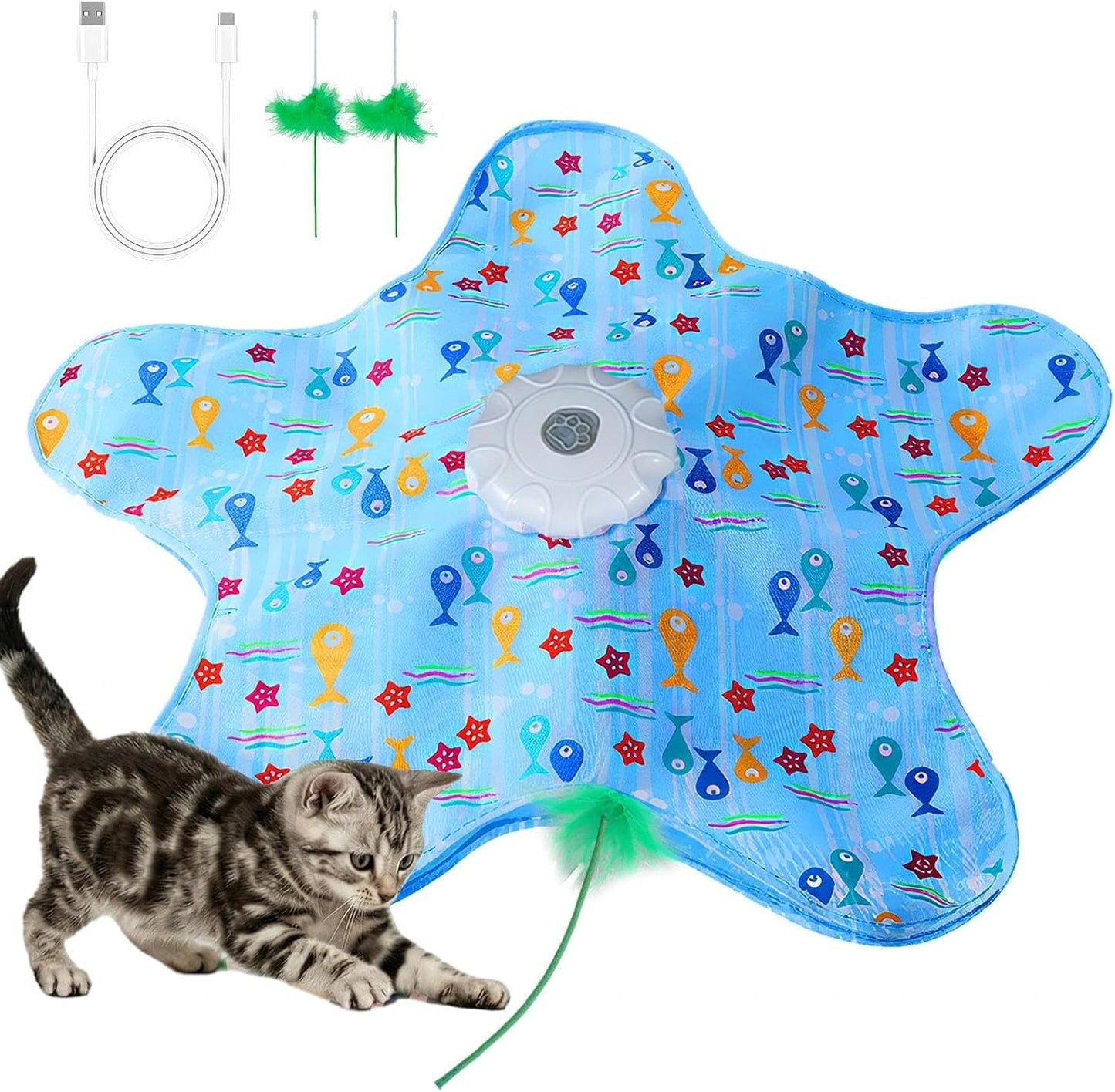Generisch interactive cat toy mat front view showing blue star fabric design for indoor kittens.
