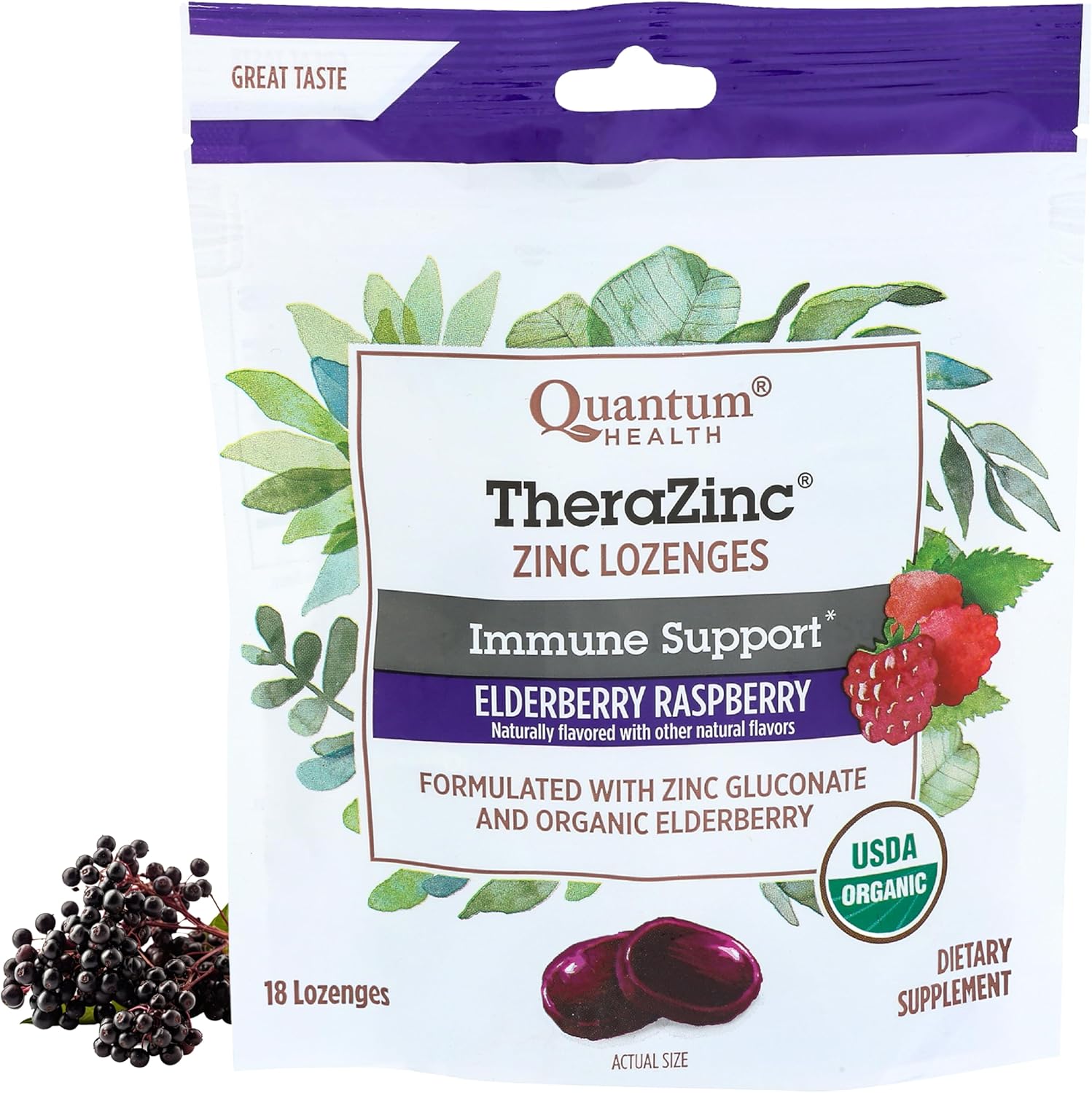 Quantum Health TheraZinc Organic Elderberry Raspberry Zinc Lozenges front view
