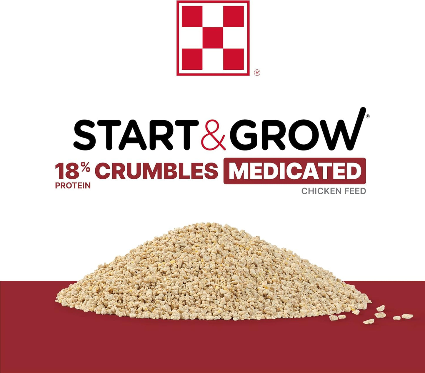 Baby chicks eating Purina Start and Grow medicated feed